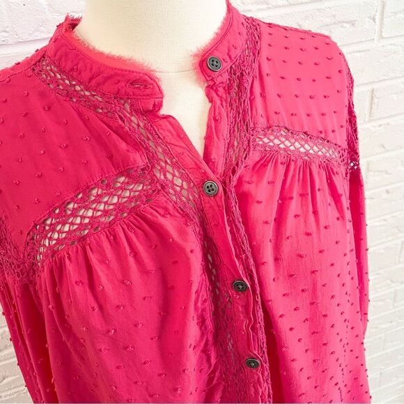 Free People Strawberry Pink Everyday Girl Swiss Dot Button Blouse Size Small - Picture 3 of 7